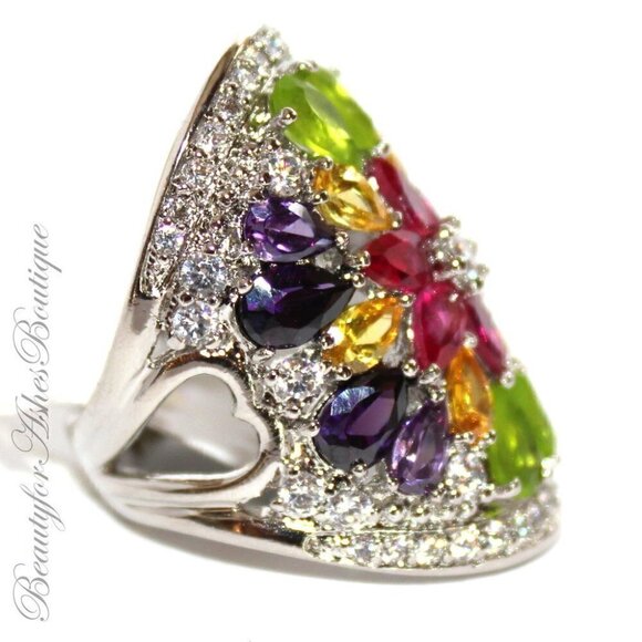 Ladies Wide Multi Citrine Rose Amethyst Clear CZ Flower Colorful Burst Ring - 10 - Picture 3 of 6